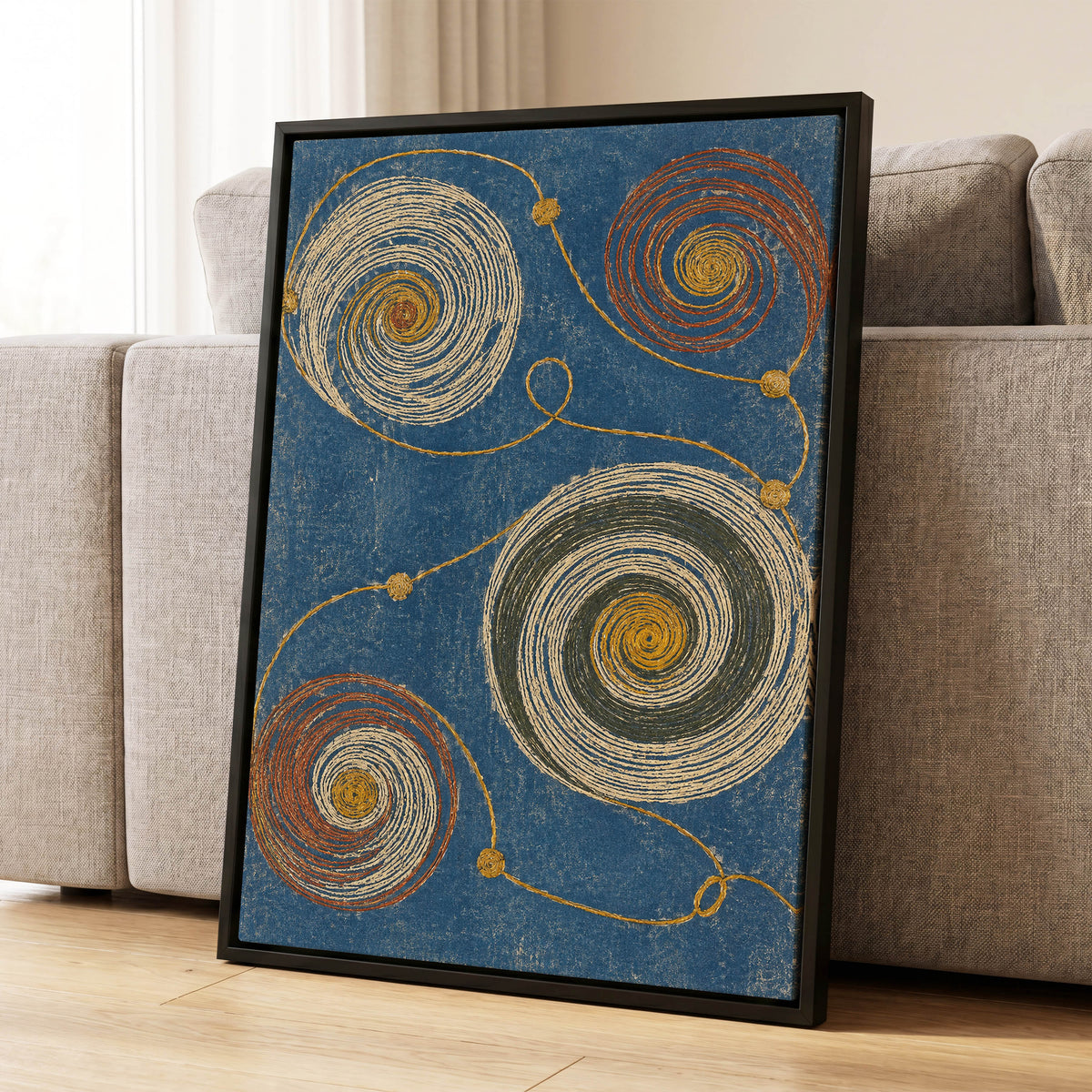 Spiral Cadence, blue, beige, gold abstract wall art displayed in a styled interior, gallery view 8