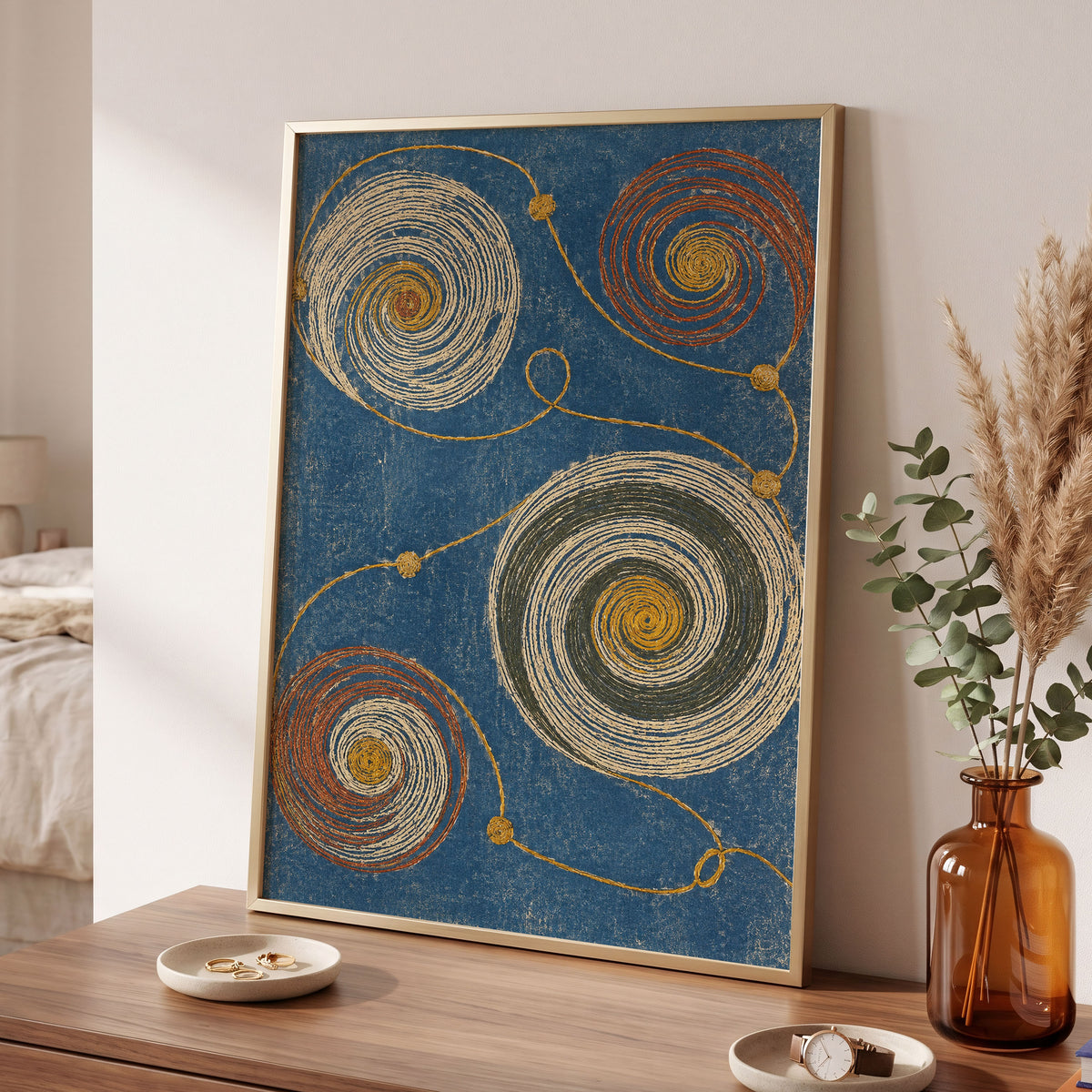 Spiral Cadence, blue, beige, gold abstract wall art displayed in a styled interior, gallery view 9