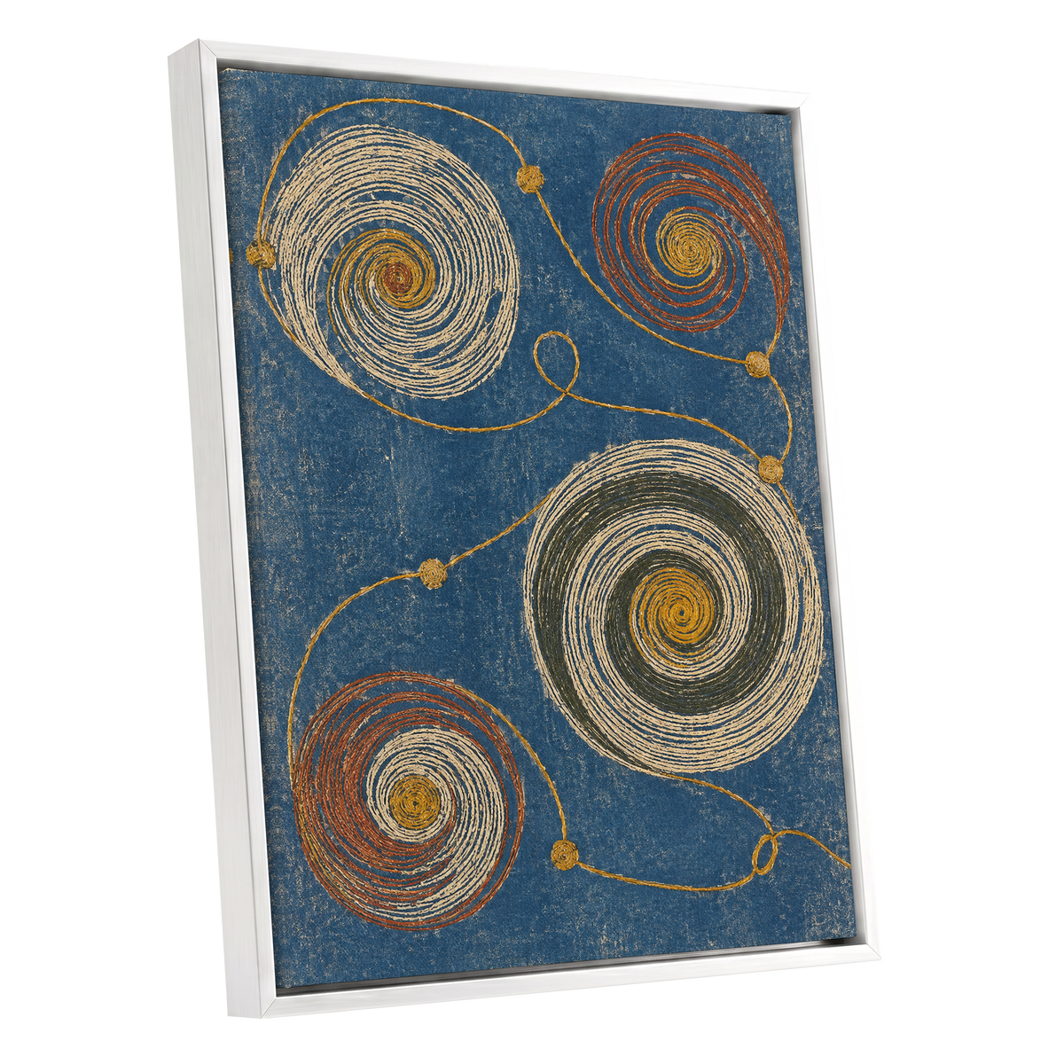 Spiral Cadence, blue, beige, gold abstract wall art shown as a white framed canvas wall art