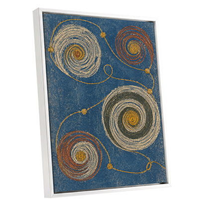 Spiral Cadence, blue, beige, gold abstract wall art shown as a white framed canvas wall art