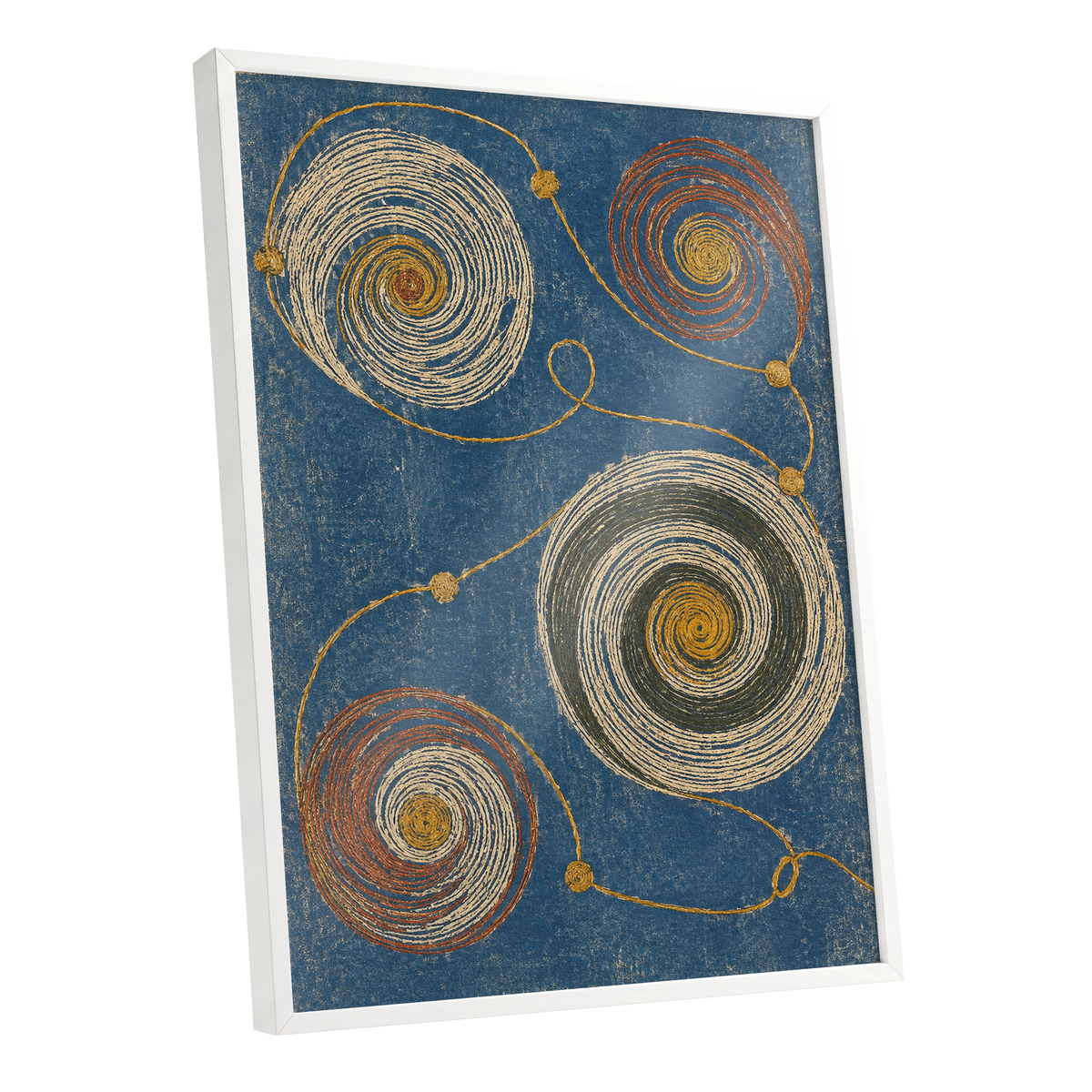 Spiral Cadence, blue, beige, gold abstract wall art shown as a white framed poster wall art print