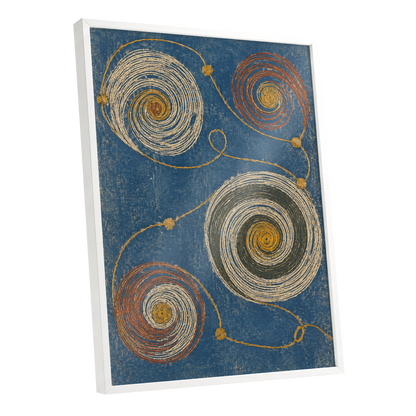 Spiral Cadence, blue, beige, gold abstract wall art shown as a white framed poster wall art print