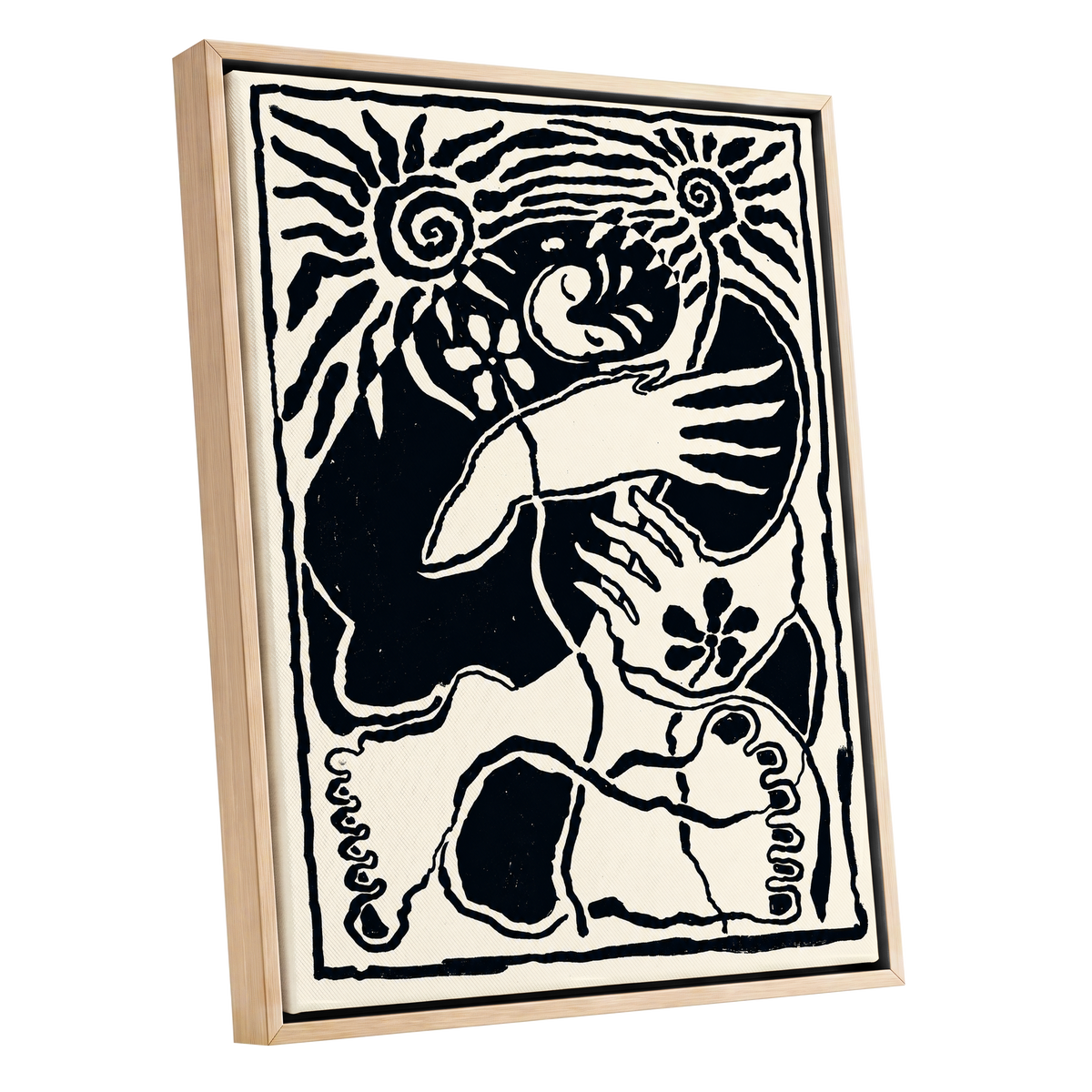 Spiral Reverie, black, beige, white abstract wall art shown as a oak framed canvas wall art
