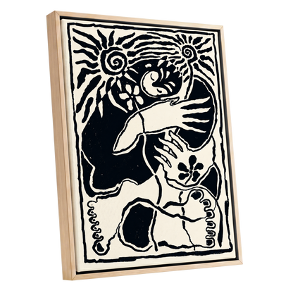 Spiral Reverie, black, beige, white abstract wall art shown as a oak framed canvas wall art