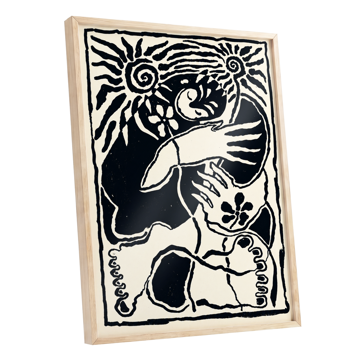Spiral Reverie, black, beige, white abstract wall art shown as a oak framed poster wall art print