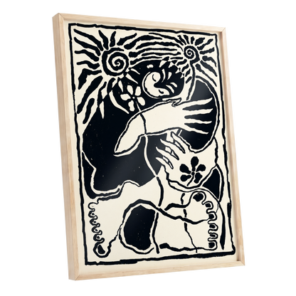 Spiral Reverie, black, beige, white abstract wall art shown as a oak framed poster wall art print