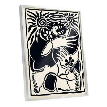 Spiral Reverie, black, beige, white abstract wall art shown as a silver framed poster wall art print