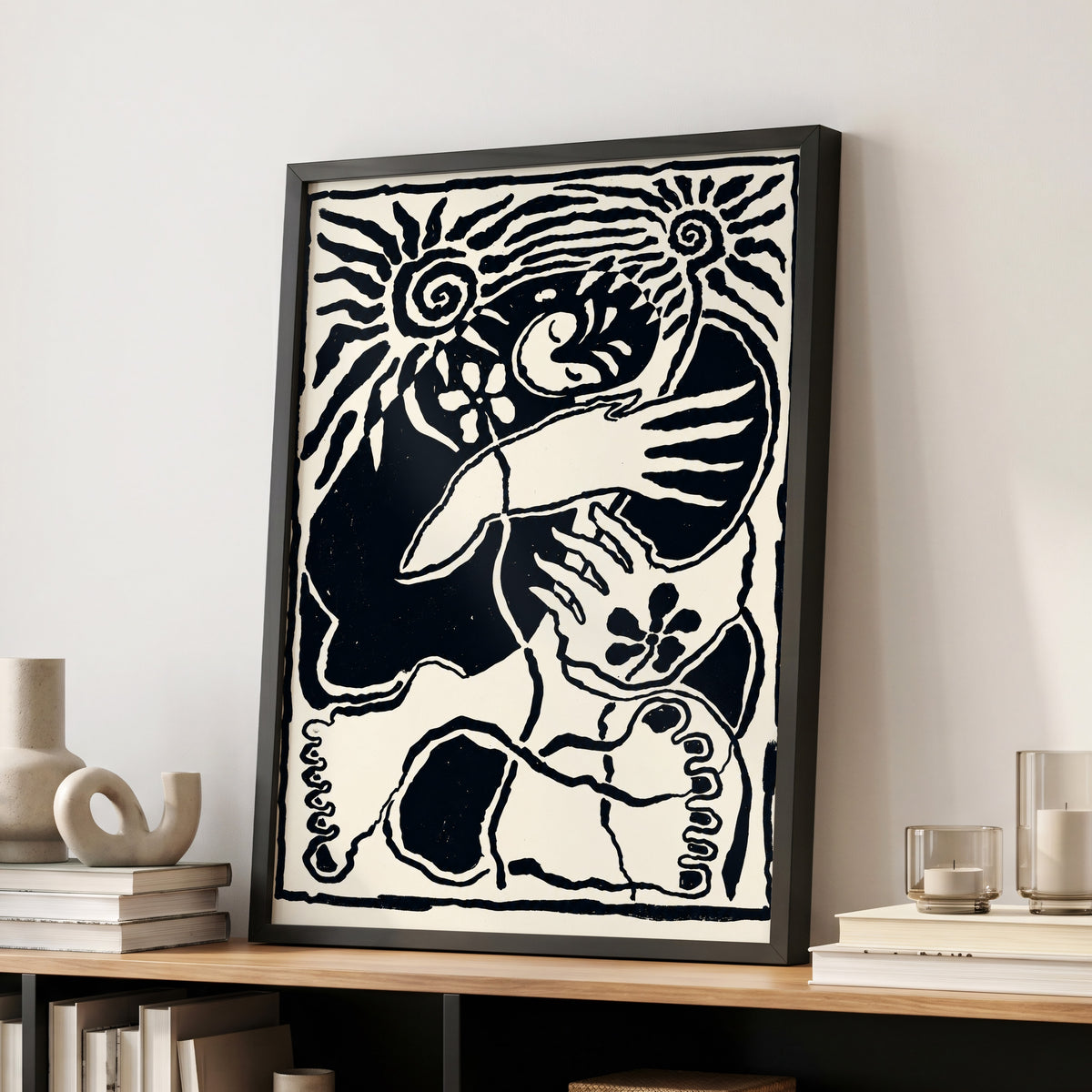 Spiral Reverie, black, beige, white abstract wall art displayed in a styled interior, gallery view 2