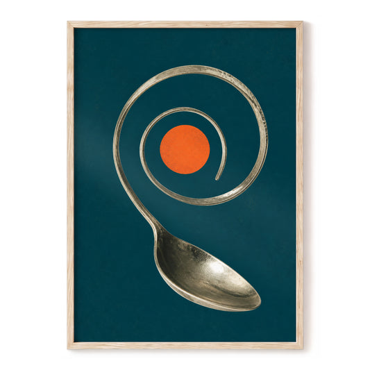 Spiral Spoon, blue, orange, gray abstract wall art, front artwork view
