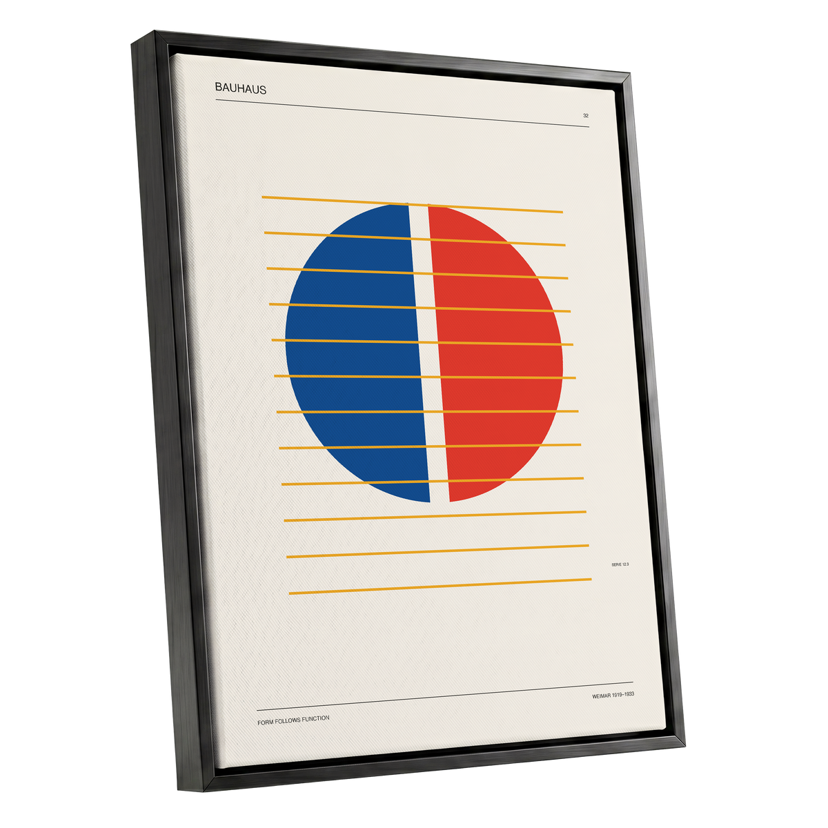 Split Circle Rhythm, beige, blue, red minimalist wall art shown as a black framed canvas wall art