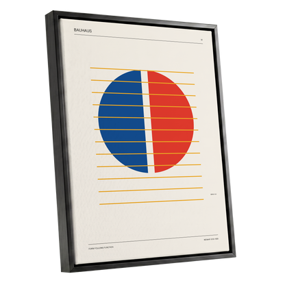Split Circle Rhythm, beige, blue, red minimalist wall art shown as a black framed canvas wall art
