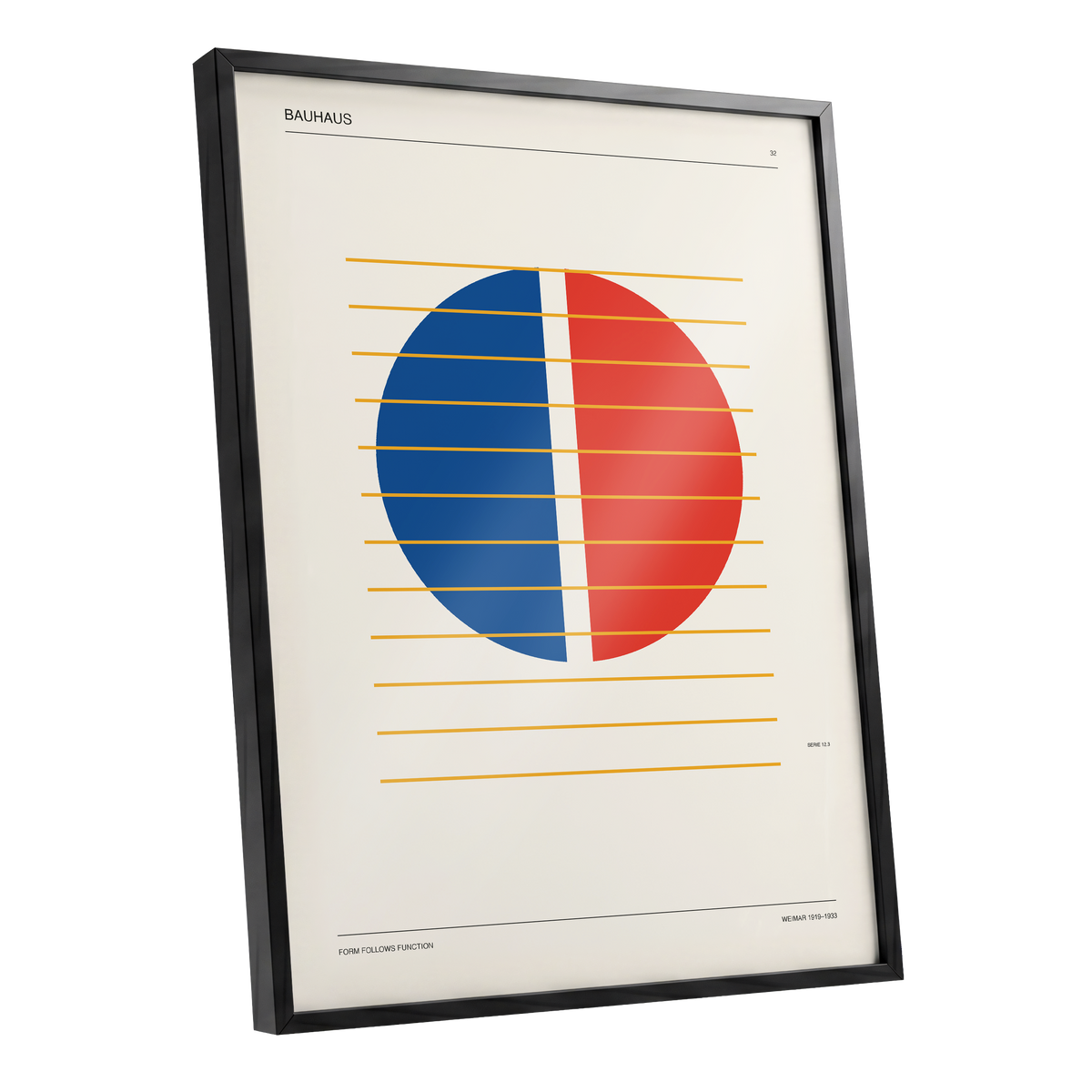 Split Circle Rhythm, beige, blue, red minimalist wall art shown as a black framed poster wall art print