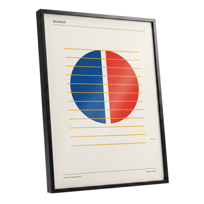 Split Circle Rhythm, beige, blue, red minimalist wall art shown as a black framed poster wall art print