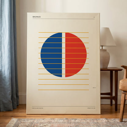 Split Circle Rhythm, beige, blue, red minimalist wall art on canvas displayed in a styled interior, gallery view 1