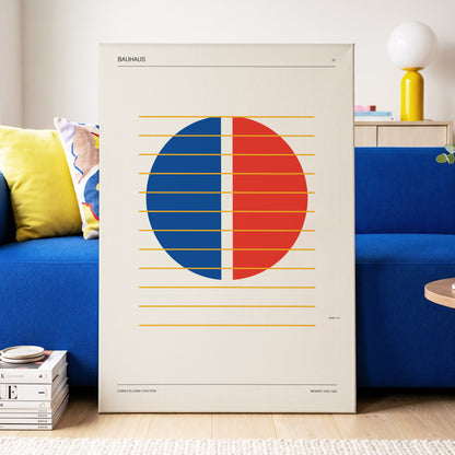 Split Circle Rhythm, beige, blue, red minimalist wall art on canvas displayed in a styled interior, gallery view 2