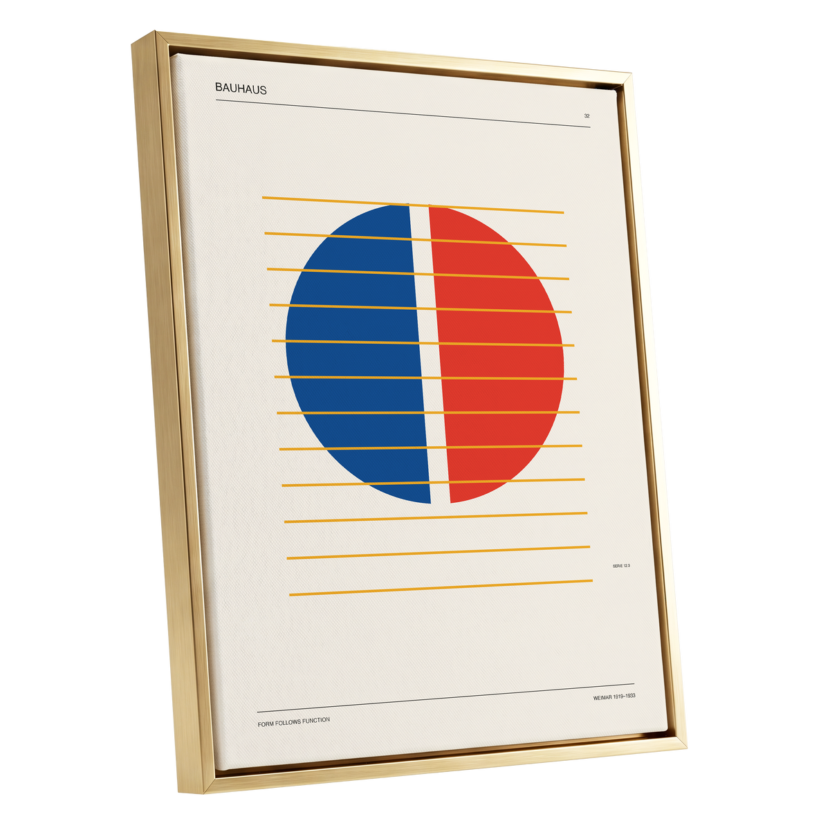 Split Circle Rhythm, beige, blue, red minimalist wall art shown as a gold framed canvas wall art