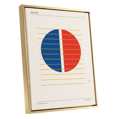 Split Circle Rhythm, beige, blue, red minimalist wall art shown as a gold framed canvas wall art