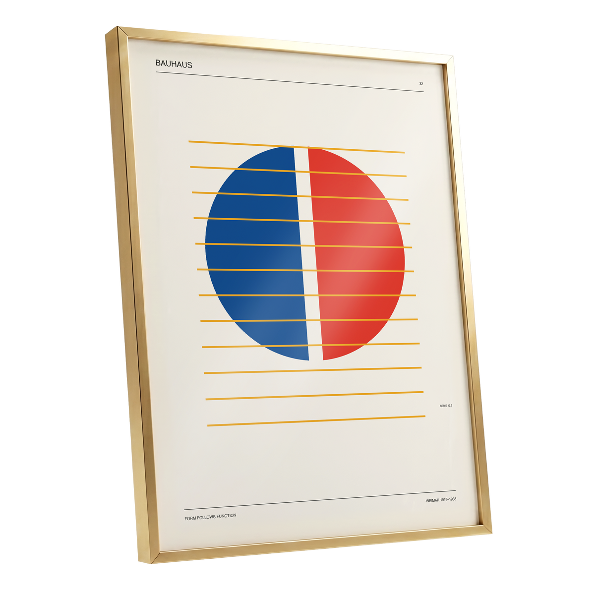 Split Circle Rhythm, beige, blue, red minimalist wall art shown as a gold framed poster wall art print