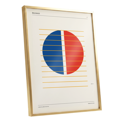 Split Circle Rhythm, beige, blue, red minimalist wall art shown as a gold framed poster wall art print