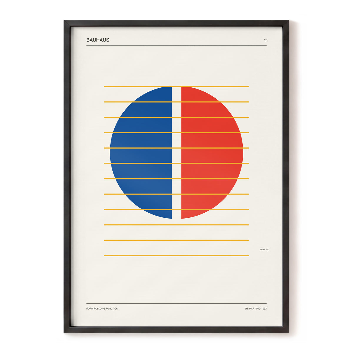 Split Circle Rhythm, beige, blue, red minimalist wall art, front artwork view