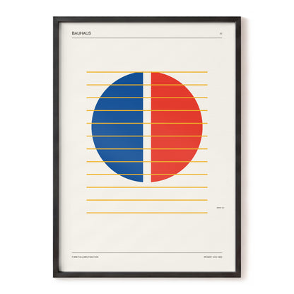 Split Circle Rhythm, beige, blue, red minimalist wall art, front artwork view