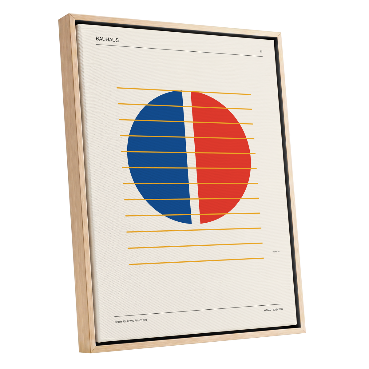 Split Circle Rhythm, beige, blue, red minimalist wall art shown as a oak framed canvas wall art
