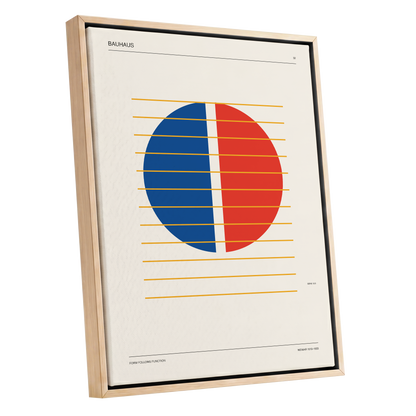Split Circle Rhythm, beige, blue, red minimalist wall art shown as a oak framed canvas wall art