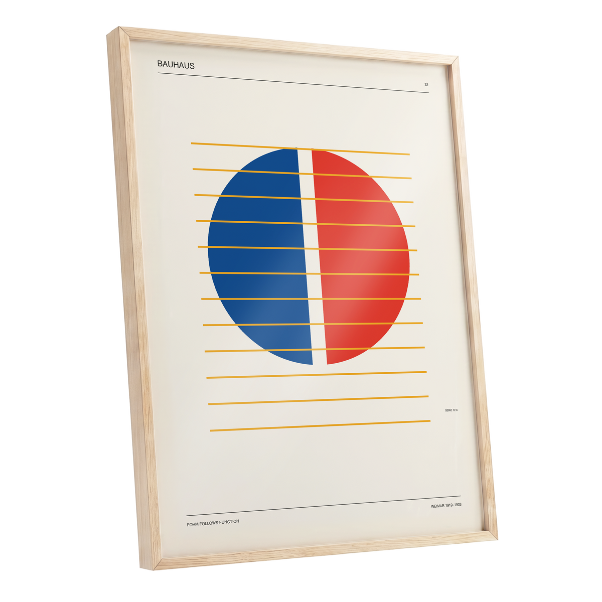 Split Circle Rhythm, beige, blue, red minimalist wall art shown as a oak framed poster wall art print