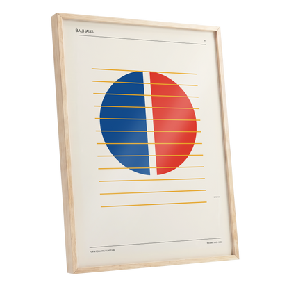 Split Circle Rhythm, beige, blue, red minimalist wall art shown as a oak framed poster wall art print