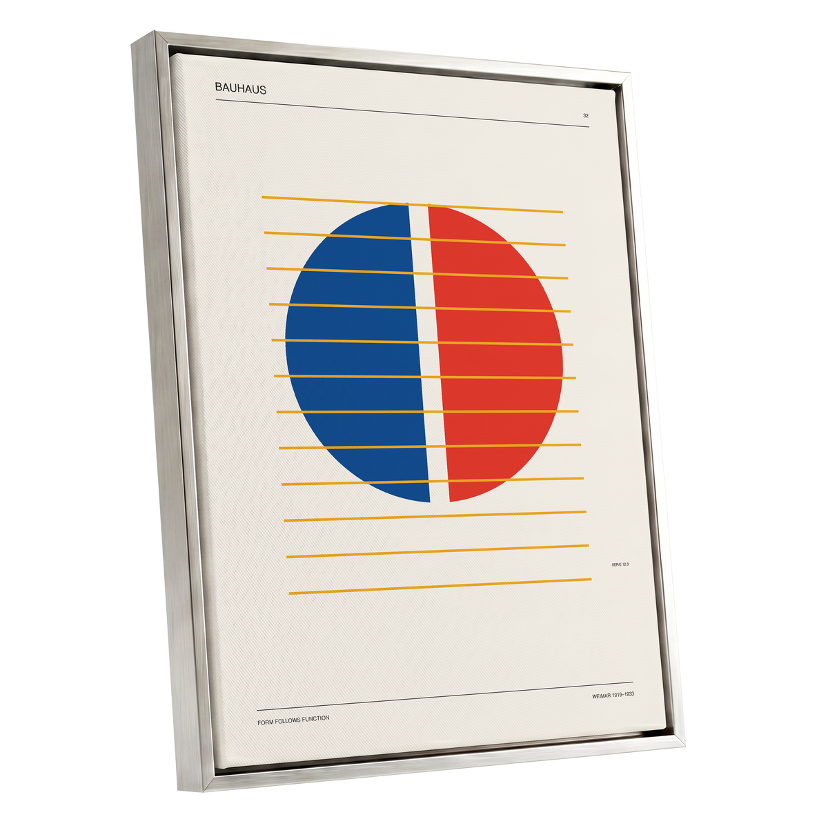 Split Circle Rhythm, beige, blue, red minimalist wall art shown as a silver framed canvas wall art