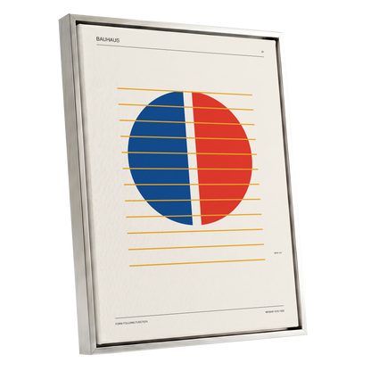 Split Circle Rhythm, beige, blue, red minimalist wall art shown as a silver framed canvas wall art