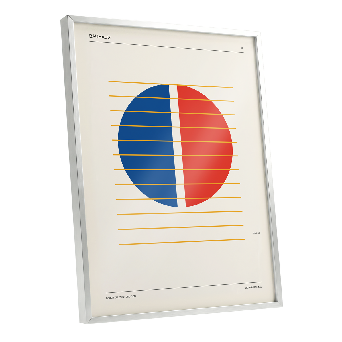 Split Circle Rhythm, beige, blue, red minimalist wall art shown as a silver framed poster wall art print