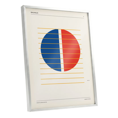 Split Circle Rhythm, beige, blue, red minimalist wall art shown as a silver framed poster wall art print