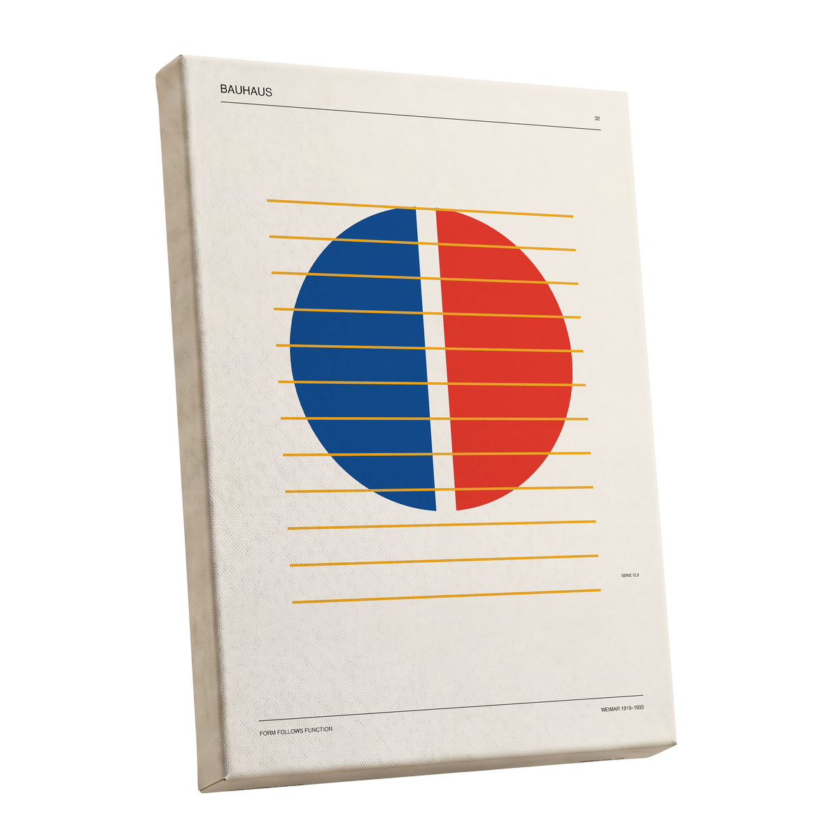 Split Circle Rhythm, beige, blue, red minimalist wall art shown as a stretched canvas wall art