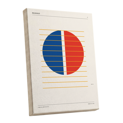 Split Circle Rhythm, beige, blue, red minimalist wall art shown as a stretched canvas wall art