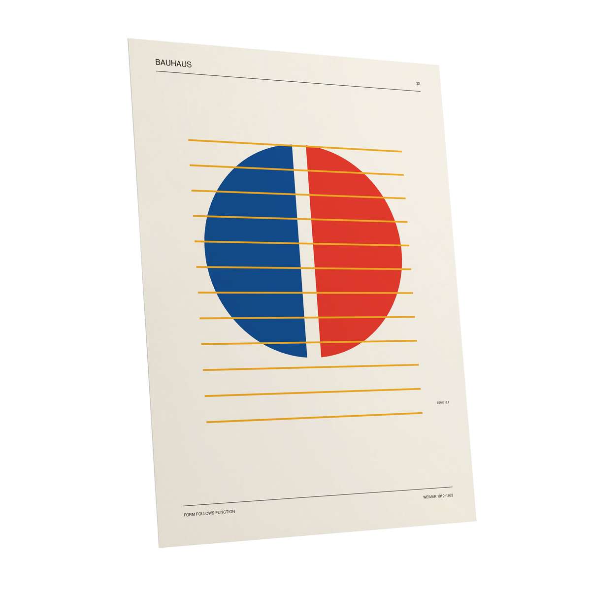 Split Circle Rhythm, beige, blue, red minimalist wall art shown as a unframed poster wall art print