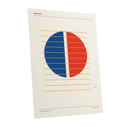 Split Circle Rhythm, beige, blue, red minimalist wall art shown as a unframed poster wall art print