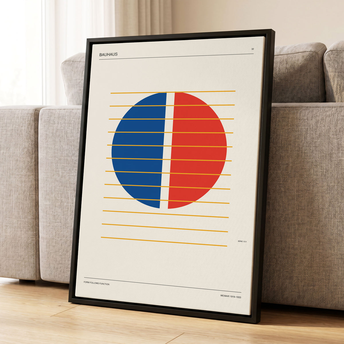 Split Circle Rhythm, beige, blue, red minimalist wall art displayed in a styled interior, gallery view 1
