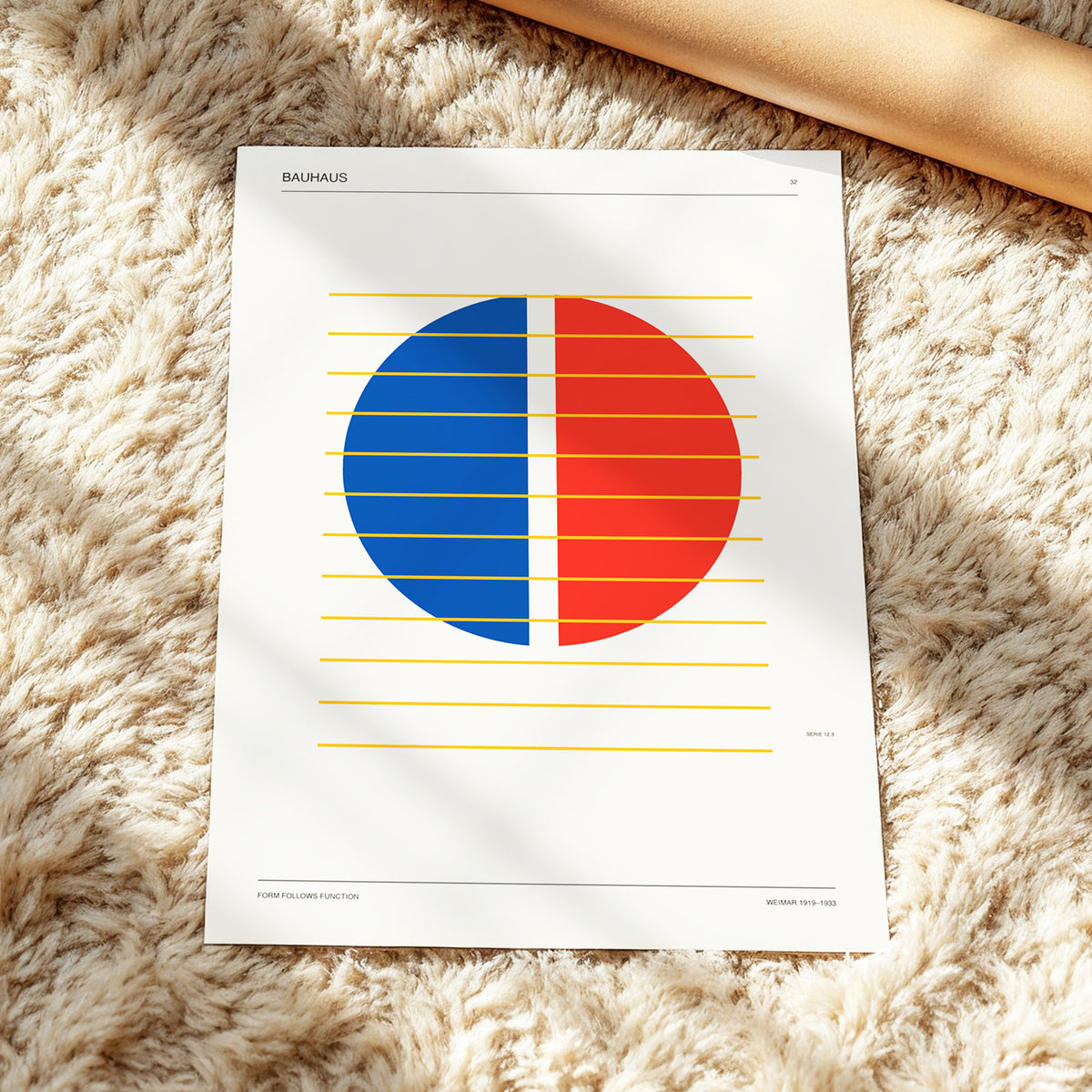 Split Circle Rhythm, beige, blue, red minimalist wall art displayed in a styled interior, gallery view 3
