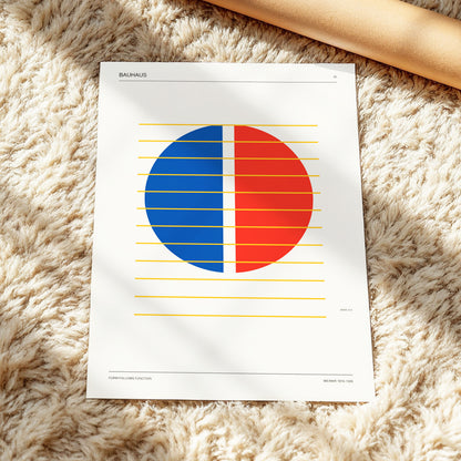 Split Circle Rhythm, beige, blue, red minimalist wall art displayed in a styled interior, gallery view 3