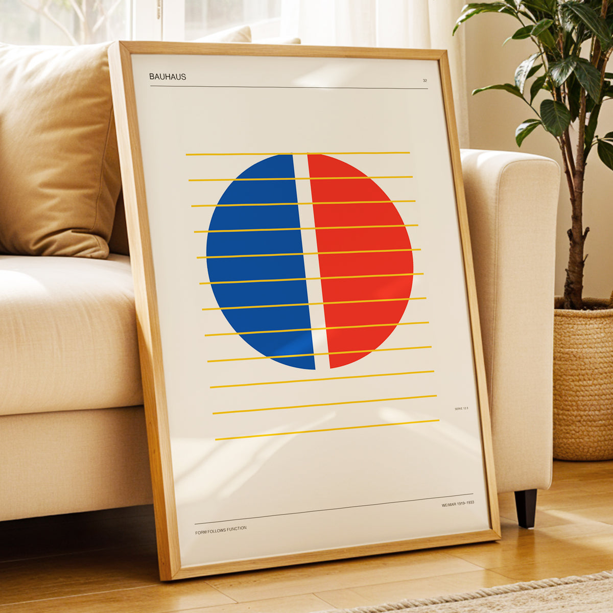 Split Circle Rhythm, beige, blue, red minimalist wall art displayed in a styled interior, gallery view 4