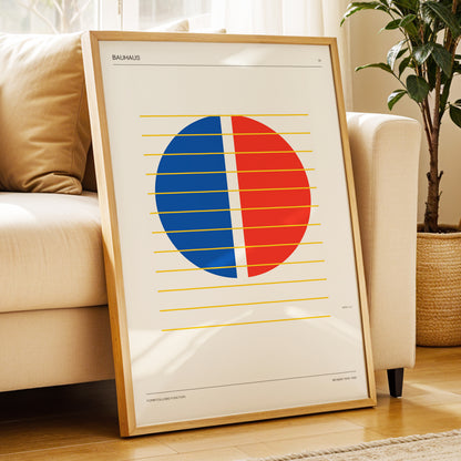 Split Circle Rhythm, beige, blue, red minimalist wall art displayed in a styled interior, gallery view 4