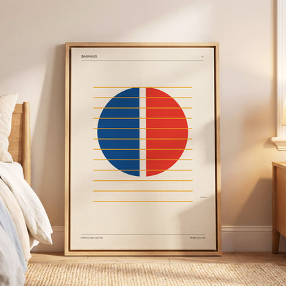 Split Circle Rhythm, beige, blue, red minimalist wall art displayed in a styled interior, gallery view 5