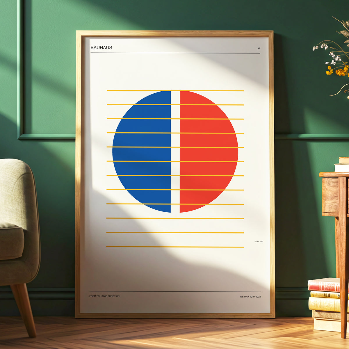 Split Circle Rhythm, beige, blue, red minimalist wall art displayed in a styled interior, gallery view 6