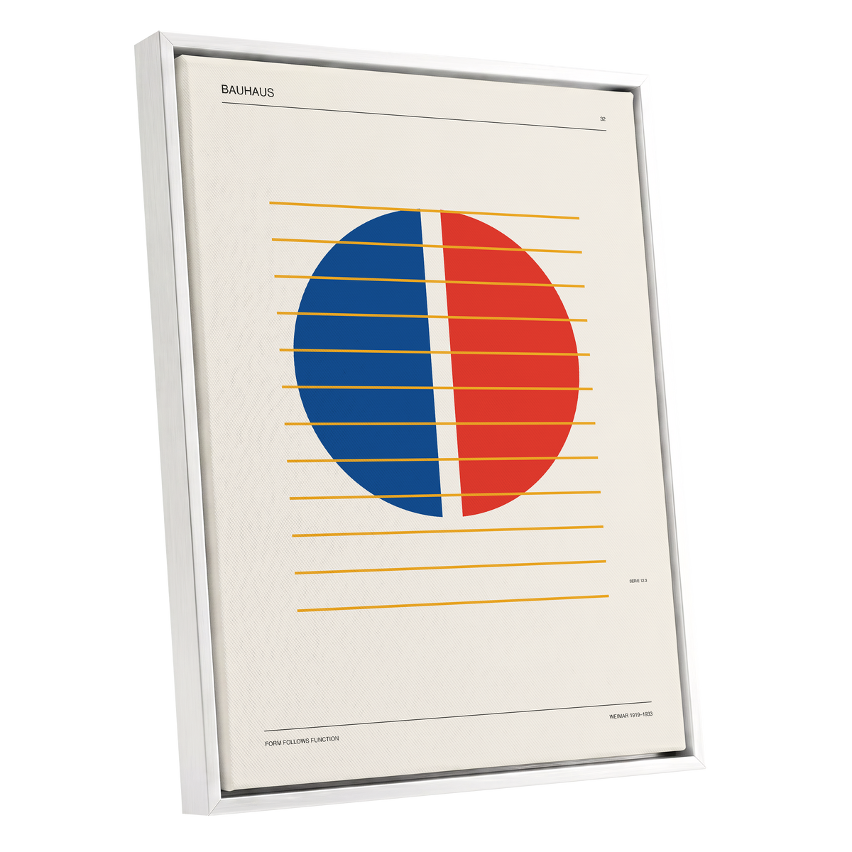 Split Circle Rhythm, beige, blue, red minimalist wall art shown as a white framed canvas wall art