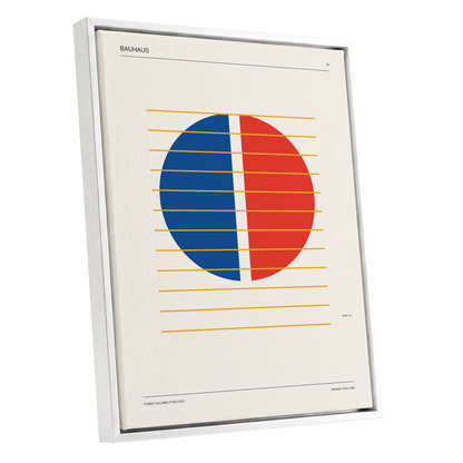 Split Circle Rhythm, beige, blue, red minimalist wall art shown as a white framed canvas wall art