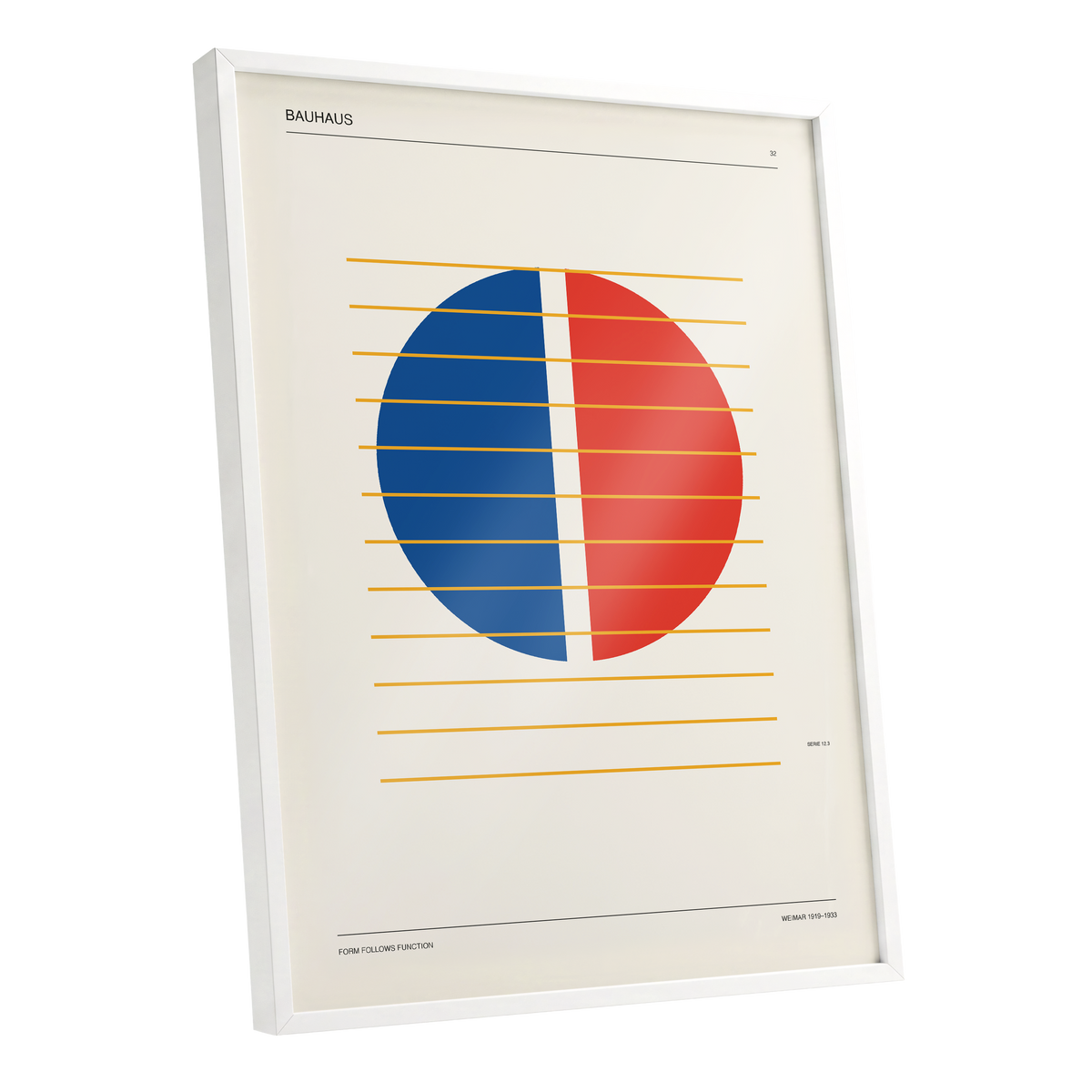 Split Circle Rhythm, beige, blue, red minimalist wall art shown as a white framed poster wall art print