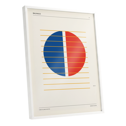 Split Circle Rhythm, beige, blue, red minimalist wall art shown as a white framed poster wall art print