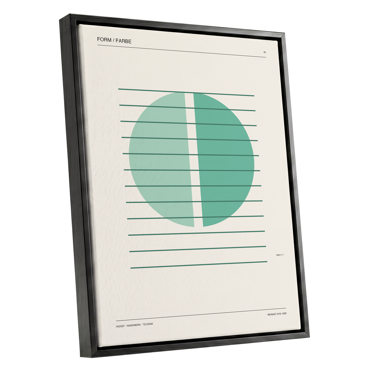 Split Circle Study, green, beige, black minimalist wall art shown as a black framed canvas wall art