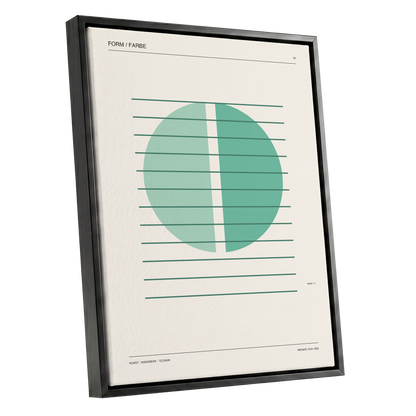 Split Circle Study, green, beige, black minimalist wall art shown as a black framed canvas wall art